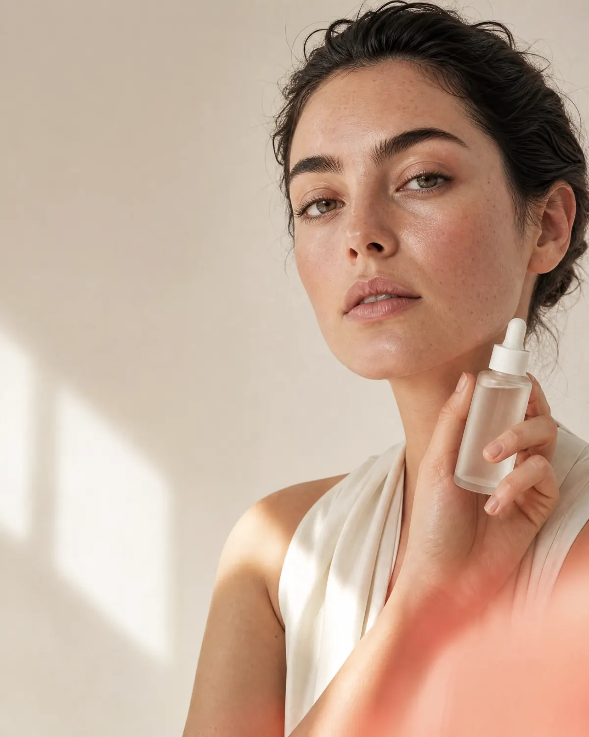 Frau mit natürlicher, strahlender Haut und minimalistischem Serum